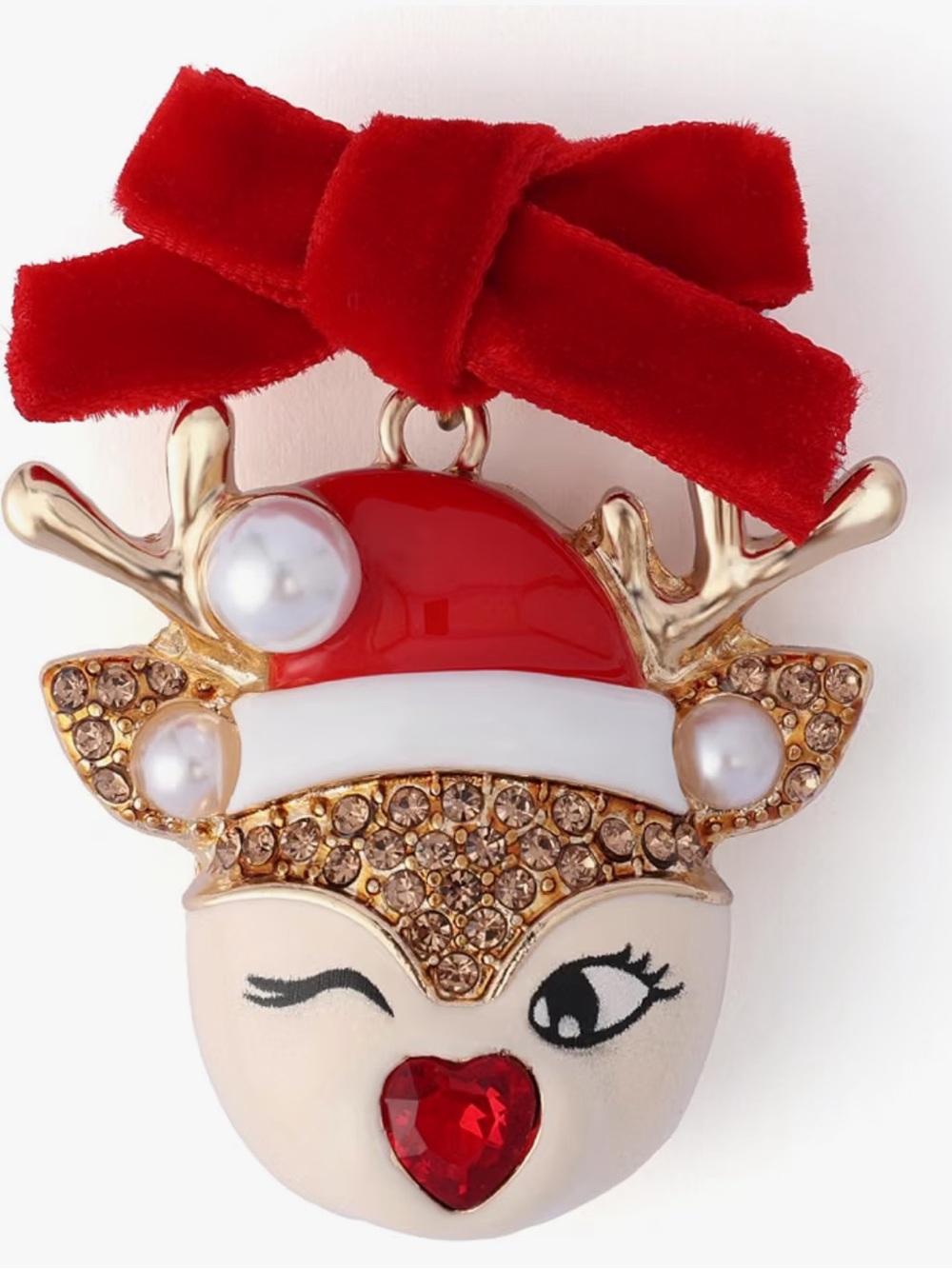 Betsey Johnson Santa Baby Reindeer Brooch Red Velvet Bow Crystal Gift Box!